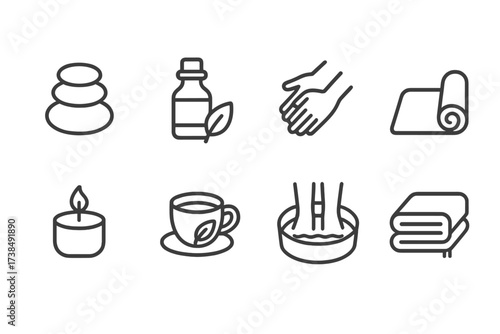 Relaxation and Refreshment Icons. Outline icon set of relaxation and wellness: spa stones, essential oil bottle, massage hands, yoga mat, calming candle,