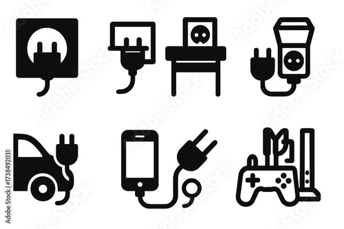 Plug Usage Icons. Solid, filled icon set of plug usage scenarios: home socket, office desk plug, outdoor power outlet, industrial plug, vehicle charging port,