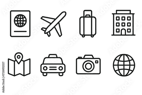 Travel and Profession Icons. Outline icon set of international travel: passport, airplane, suitcase, hotel, map, taxi, camera, globe. Line icons in only black