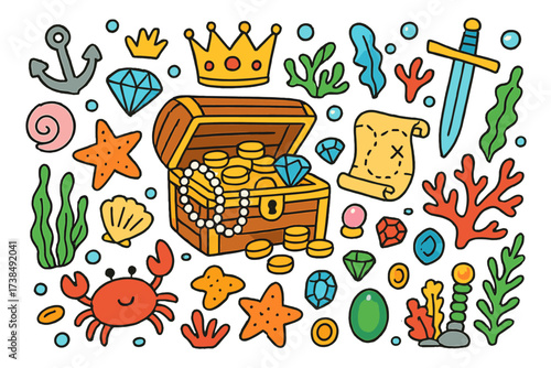 Undersea Treasure Adventure. Treasure Undersea. Colorful Hand-drawn doodle Children illustration treasure chest, pearls, golden coins, anchor, shells, crab,