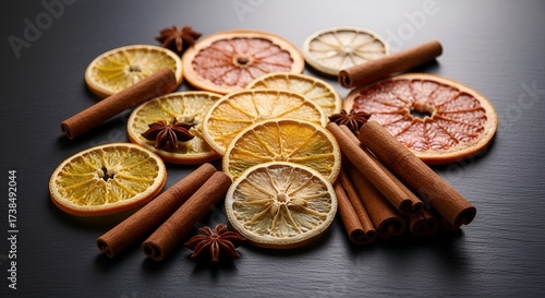 Dried citrus slices with cinnamon and star anise.