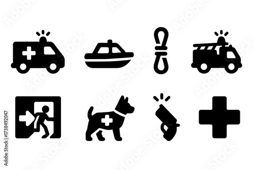 Emergency Rescue Icons. Solid, filled icon set of emergency rescue: ambulance, rescue boat, safety rope, fire truck, emergency exit sign, rescue dog, flare