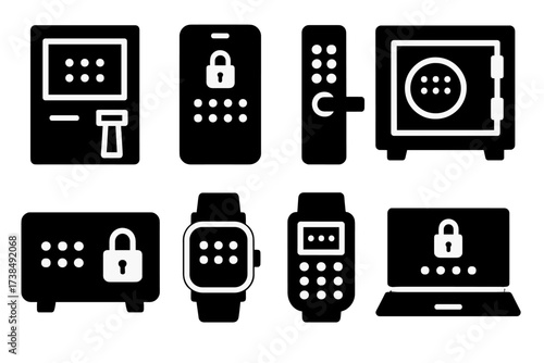 Digital Security Icons. Solid, filled icon set of PIN devices: ATM machine, smartphone lock screen, door keypad, safe lock, electronic lockbox, digital watch,