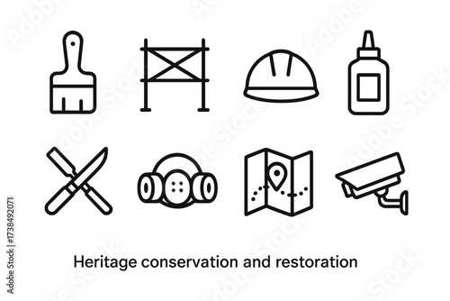 Heritage Restoration Icons. Outline icon set of heritage conservation and restoration: paintbrush, scaffolding, safety helmet, glue bottle, restoration tools,