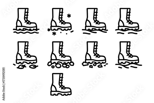 Military Boots Icons. Outline icon set of military boots environmental adaptations: mud, snow, sand, water, rocky terrain, forest floor, urban rubble, desert