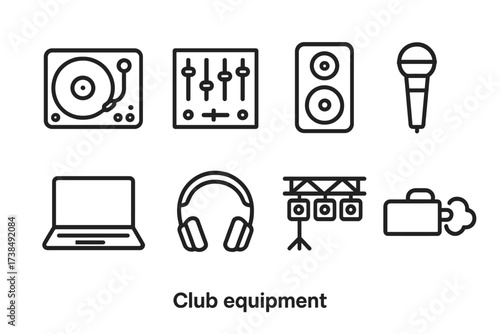 Club Equipment Icons. Outline icon set of club equipment: turntable, mixer, speaker, microphone, laptop, headphones, lighting rig, smoke machine. [Line icons
