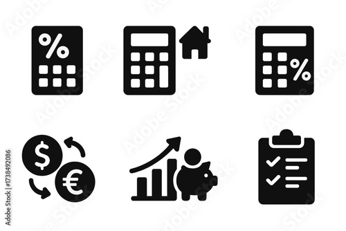 Financial Calculator Icons. Solid, filled icon set of financial calculator features: interest rate, loan calculation, amortization, tax calculation, currency