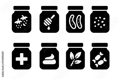 Jar Icons Grid. Solid, filled icon set of jar contents: jam, honey, pickles, spices, ointment, cream, herbs, candies. Solid, filled icons in only black color.