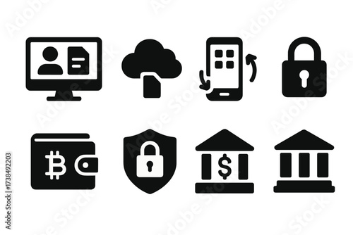 Digital Portfolio Icons. Solid, filled icon set of digital portfolio: computer screen, cloud storage, mobile app, data sync, encryption lock, digital wallet,