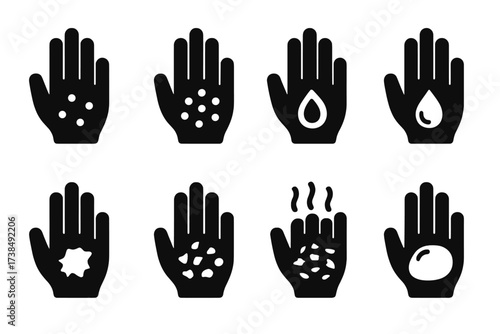 Rash Symptoms Icons. Solid, filled icon set of rash symptoms severity: mild rash, severe rash, blistering, bleeding, crusting, scaling, redness, swelling.