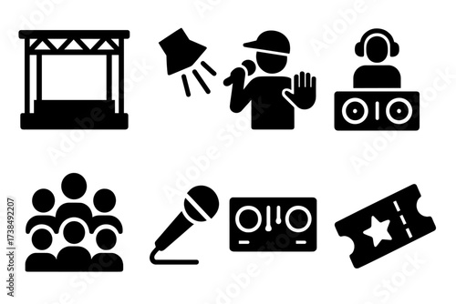 Hip Hop Icon Grid. Solid, filled icon set of hip hop performance: stage, spotlight, crowd, rapper, DJ, mic drop, turntables, concert ticket. Solid, filled