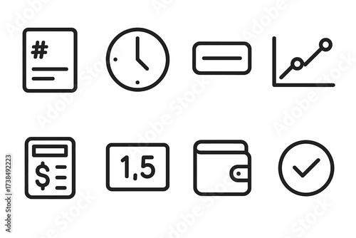 Bet Slip Icons. Outline icon set of bet slip details: bet ID, date/time, event name, market type, odds value, stake input, potential win, status indicator.