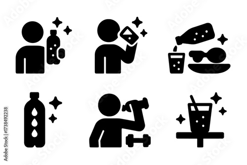 Sparkling Water Icons. Solid, filled icon set of sparkling water consumption: holding bottle, sipping glass, pouring into glass, drink with food, hydration