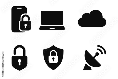 Freedom Tech Icons. Solid, filled icon set of freedom technology: unlocked smartphone, open laptop, wifi signal, cloud storage, unlocked padlock, vpn shield,