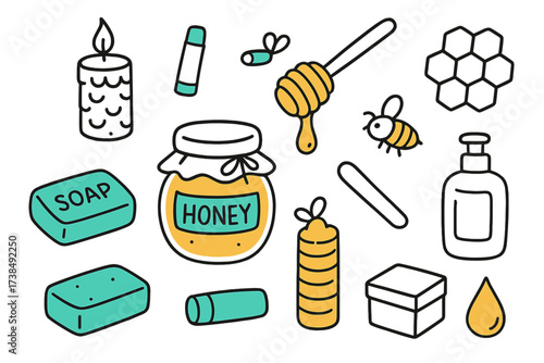 Honey Products Doodle. Honey products. Hand-drawn doodle illustration honey products honey jar (colored), honey dipper (colored), beeswax candle,