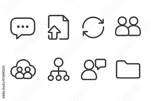 Sound Collaboration Icons. Outline icon set of sound pack collaboration: chat bubble, file sharing, sync icon, joint session, cloud collaboration, version