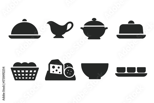Black Serving Dishes Icons. Solid, filled icon set of serving dishes: serving platter, gravy boat, soup tureen, butter dish, bread basket, cheese tray, serving