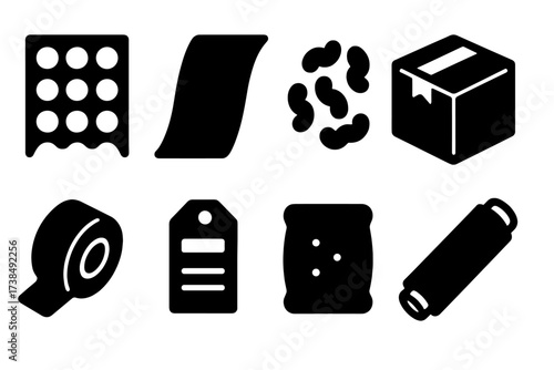 Packing Materials Icons. Solid, filled icon set of packing materials: bubble wrap, foam sheet, packing peanuts, cardboard box, tape roll, parcel label,