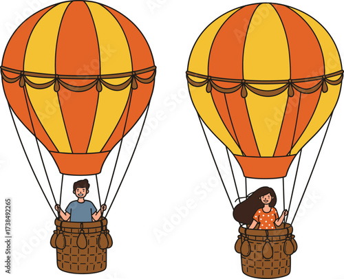 Man and Woman Riding in Hot Air Balloons, Sky Adventure, Travel, Tourism, Excitement, Leisure Activity, Cartoon Vector Illustration Set

.