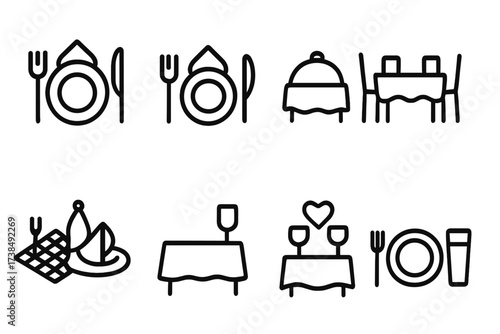 Napkin Settings Icons. Solid, filled icon set of napkin settings: table setting, place setting, buffet setup, banquet table, picnic setup, restaurant table,