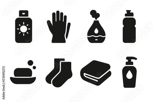 Cracked Skin Prevention Icons. Solid, filled icon set of cracked skin prevention: sunscreen, gloves, humidifier, water bottle, gentle soap, cotton socks, soft