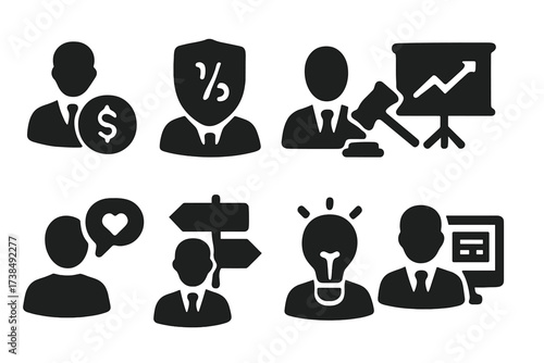 Advisor Icons Grid. Solid, filled icon set of advisor specialties: investment advisor, tax advisor, legal counsel, business mentor, life coach, career advisor,