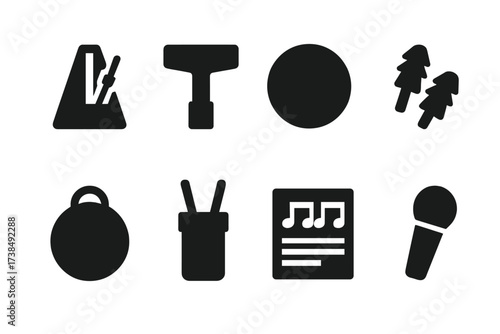 Drummer Accessories Icons. Solid, filled icon set of drummer accessories: metronome, drum key, practice pad, earplugs, drum bag, stick holder, sheet music,