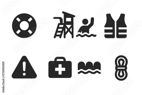 Water Safety Icons. Solid, filled icon set of water safety: life buoy, lifeguard tower, water rescue, life jacket, warning sign, first aid kit, water barrier,