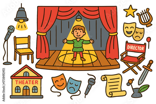 Children's Theater Scene. Theater stage. Colorful Hand-drawn doodle Children illustration theater stage red curtain, spotlight, stage floor, microphone, actor,