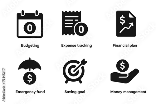 Finance Management Icons. Solid, filled icon set of zero balance finance management: budgeting, expense tracking, financial plan, emergency fund, saving goal,