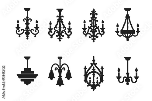 Antique Chandelier Icons. Solid, filled icon set of antique chandeliers: Victorian chandelier, Baroque chandelier, Rococo chandelier, French Empire chandelier,