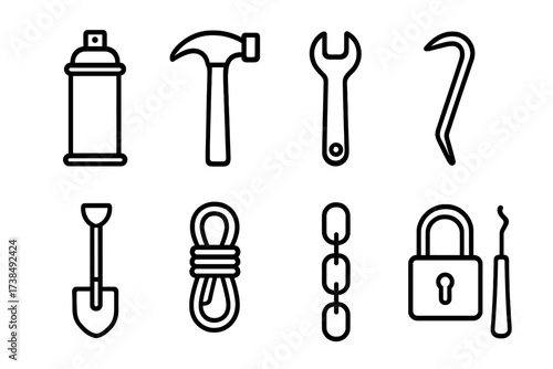 Rebellion Tools Icons. Outline icon set of rebellion tools: spray can, hammer, wrench, crowbar, shovel, rope, chains, lockpick. Line icons in only black color,