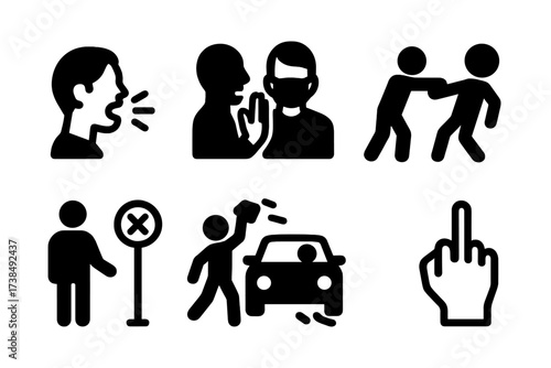 Reckless Behavior Icons. Solid, filled icon set of reckless social behavior: shouting, interrupting, no mask, pushing, ignoring signs, throwing objects,