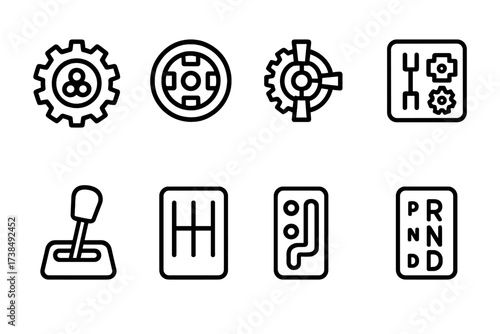 Vehicle Gear Icons. Outline icon set of gear in vehicles: transmission gear, clutch gear, differential gear, gearbox, gear shift lever, manual gear, automatic