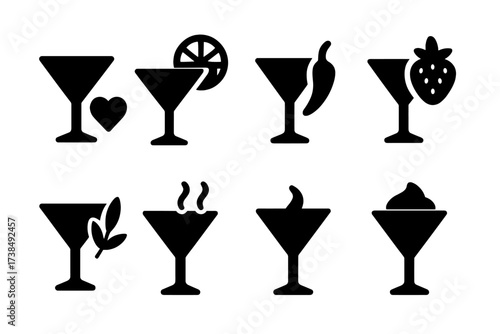 Cocktail Flavor Icons. Solid, filled icon set of cocktail flavors: sweet, sour, bitter, spicy, fruity, herbal, smoky, creamy. Solid, filled icons in only black