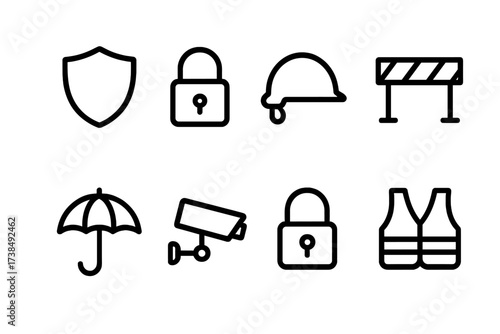 Protection Icon Set. Outline icon set of protection: shield, lock, helmet, barrier, umbrella, security camera, padlock, safety vest. Line icons in only black
