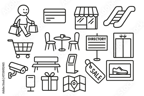 Shopping Mall Essentials. Hand-drawn doodle illustration Customer shopping mall essentials shopping bags, credit card, storefront window, escalator, shopping