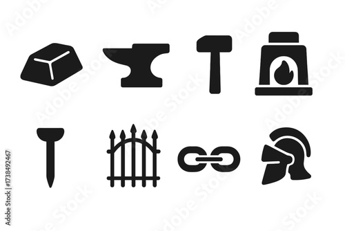 Iron Tool Icons. Solid, filled icon set of iron tools: iron ingot, anvil, hammer, furnace, iron nail, iron gate, iron chain, iron helmet. [Line icons in only