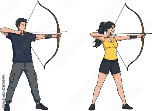 Man and Woman Archers Shooting Bow and Arrow, Archery Sport Training, Target Practice, Outdoor Hobby, Concentration and Competitive Activity Vector.