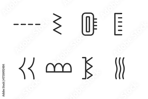 Sewing Stitches Icons. Outline icon set of sewing machine stitches: straight stitch, zigzag stitch, buttonhole stitch, blind hem, stretch stitch, decorative