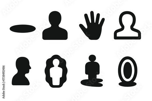 Shadow Icon Set. Solid, filled icon set of shadow elements: cast shadow, silhouette figure, handprint shadow, dual outline, mirror shade, dark aura, layered