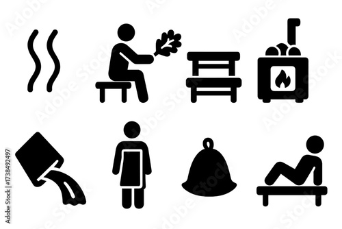 Russian Sauna Icons. Solid, filled icon set of Russian sauna traditions: steam, broom hitting, wooden bench, sauna stove, water pouring, towel wrap, sauna hat,