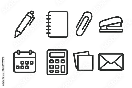 Office Supplies Icons. Outline icon set of office supplies: pen, notebook, paperclip, stapler, calendar, calculator, sticky notes, envelope. Line icons in only