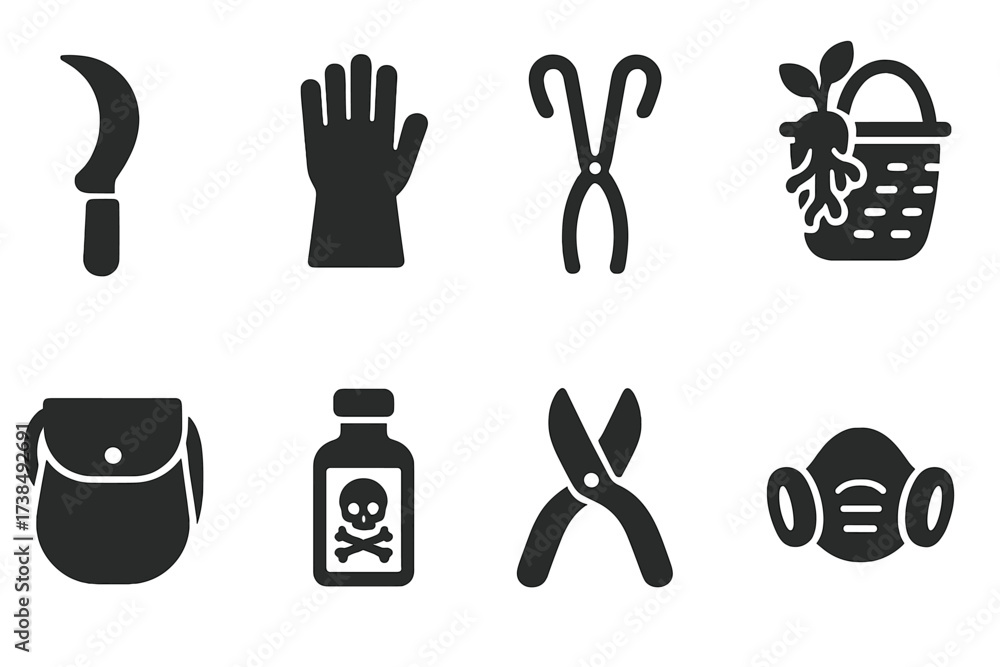 Obraz premium Poisonous Plant Tool Icons. Solid, filled icon set of poisonous plant harvesting tools: herb knife, gloves, iron tongs, root basket, satchel, labeled vial,