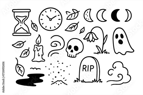 Symbols of Time. Passing Time. Hand-drawn doodle illustration hourglass, clock, falling leaves, moon phases, broken candle, drooping flower, skull, shadow,