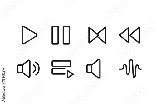 Song Playback Icons. Outline icon set of song playback: play button, pause button, rewind, fast forward, volume control, playlist, speaker, audio wave. Line