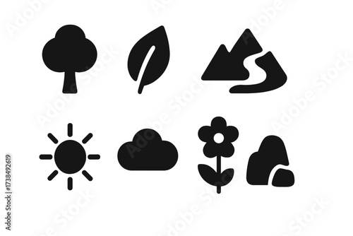 Natural Elements Icon Set. Solid, filled icon set of natural elements: tree, leaf, mountain, river, sun, cloud, flower, rock. [Line icons in only black color.
