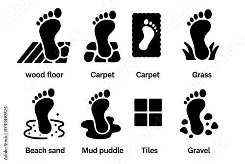 Barefoot Walking Surfaces Icons. Solid, filled icon set of barefoot walking surfaces: wood floor, stone path, carpet, grass, beach sand, mud puddle, tiles,