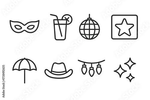 Party Theme Icons. Outline icon set of party themes: masquerade mask, tropical drink, disco ball, neon sign, beach umbrella, cowboy hat, fairy lights, glitter.