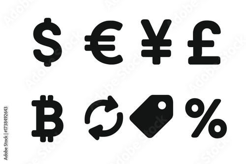 Financial Icons Grid. Solid, filled icon set of financial symbols: dollar sign, euro symbol, yen icon, pound symbol, bitcoin, currency exchange, price tag,